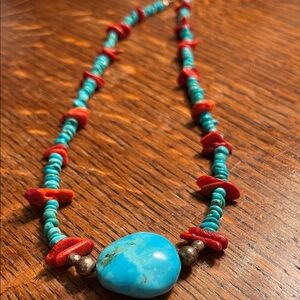 American Indian Turquoise and Red Beaded Statement Necklace - Women Jewelry